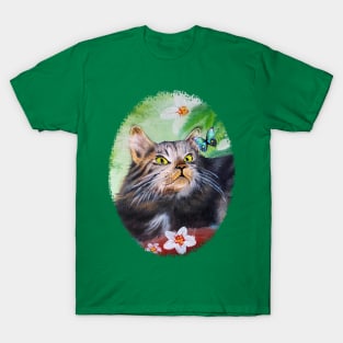 Cat Playful Portrait and Butterfly T-Shirt